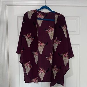 Peach Love California Burgundy Floral Steer Skull Kimono